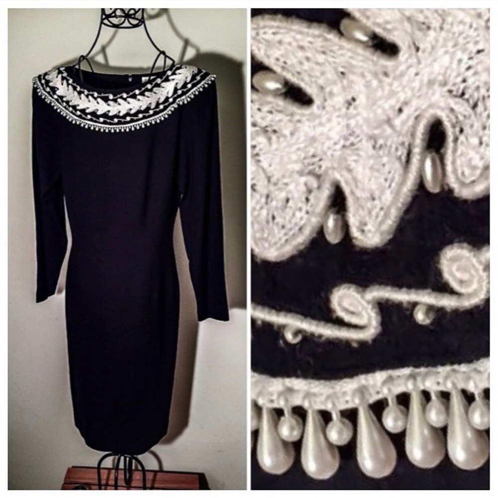 Small Pre owned W/love vintage black white beaded pearl midi fitted dress.